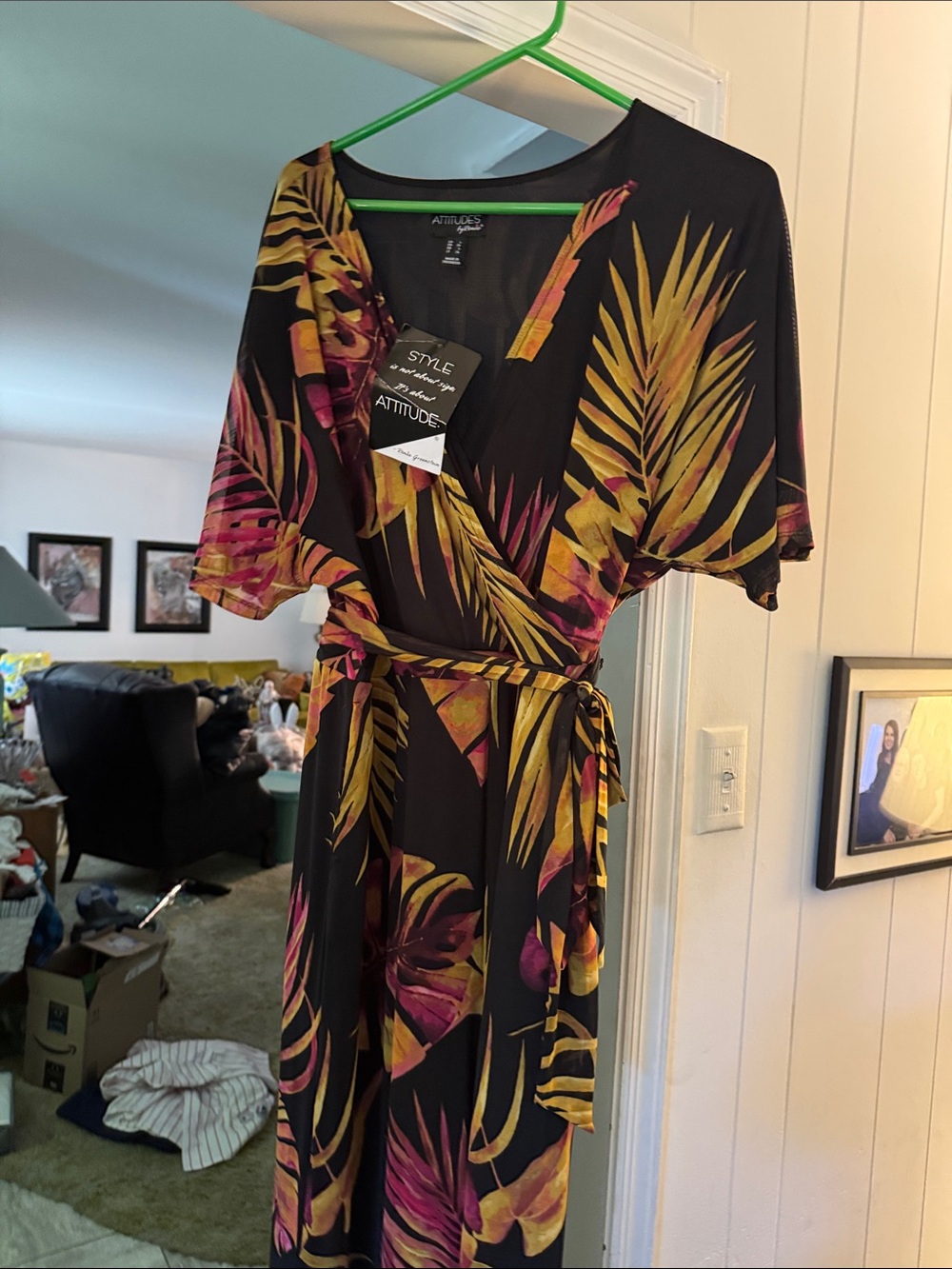 Attitudes by Renee Tropical jumpsuit- Black with Yellow & Magenta Leaf Print